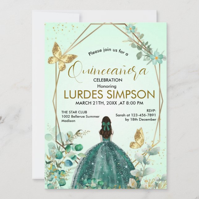 Convites  Quinceañera invitation Butterfly Green & Gold (Frente)