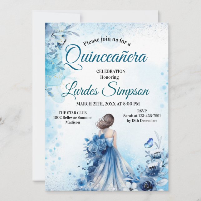 Convites  Quinceañera invitation Elegant Blue (Frente)