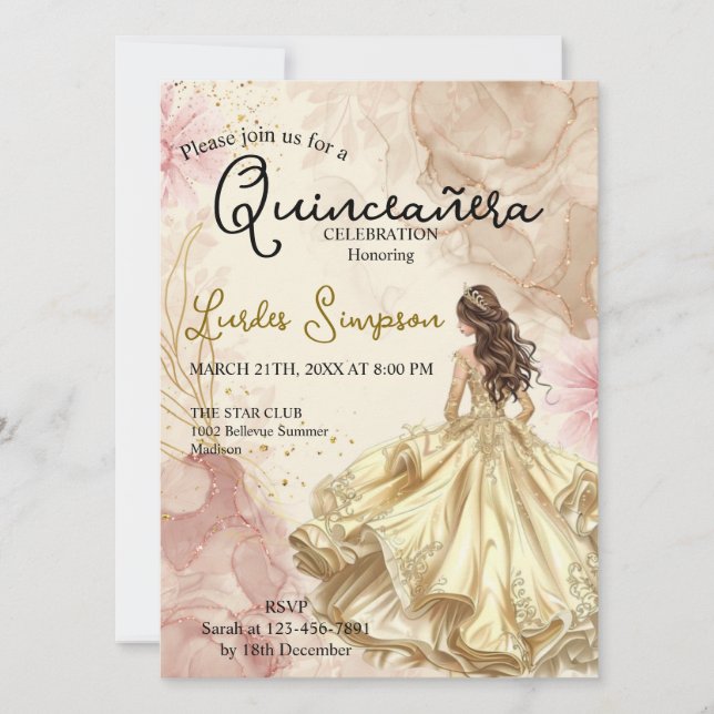 Convites  Quinceañera invitation Elegant Gold Rose (Frente)