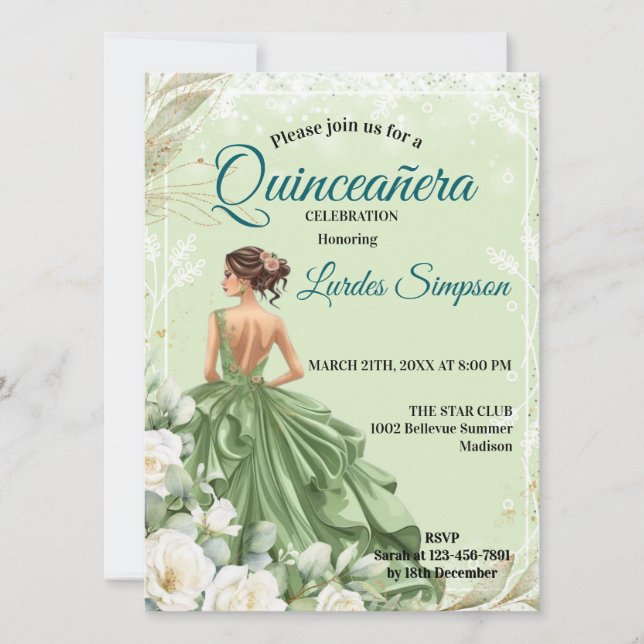Convites  Quinceañera invitation Elegant Green (Frente)