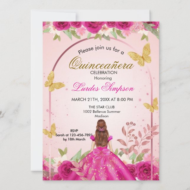 Convites  Quinceañera invitation Elegant Pink (Frente)