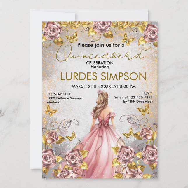 Convites  Quinceañera invitation Floral Gold (Frente)
