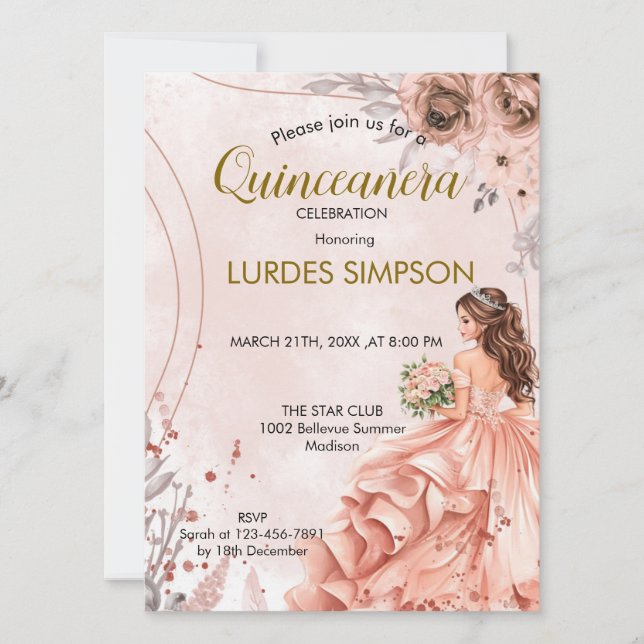 Convites  Quinceañera invitation Floral Rose (Frente)