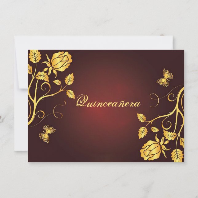 Convites Quinceanera Invitation Gold Foil em Burgundy, (Frente)