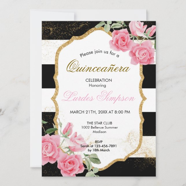 Convites  Quinceañera invitation Stripe Floral (Frente)