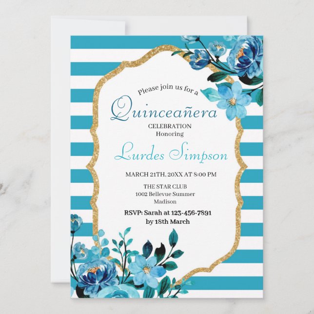 Convites  Quinceañera invitation Stripe Floral Blue (Frente)