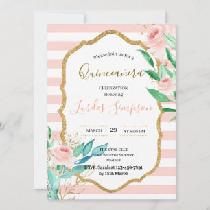 Convites Quinceañera invitation Stripe Floral Pink