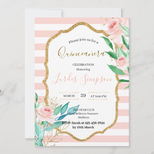 Convites  Quinceañera invitation Stripe Floral Pink (Frente)