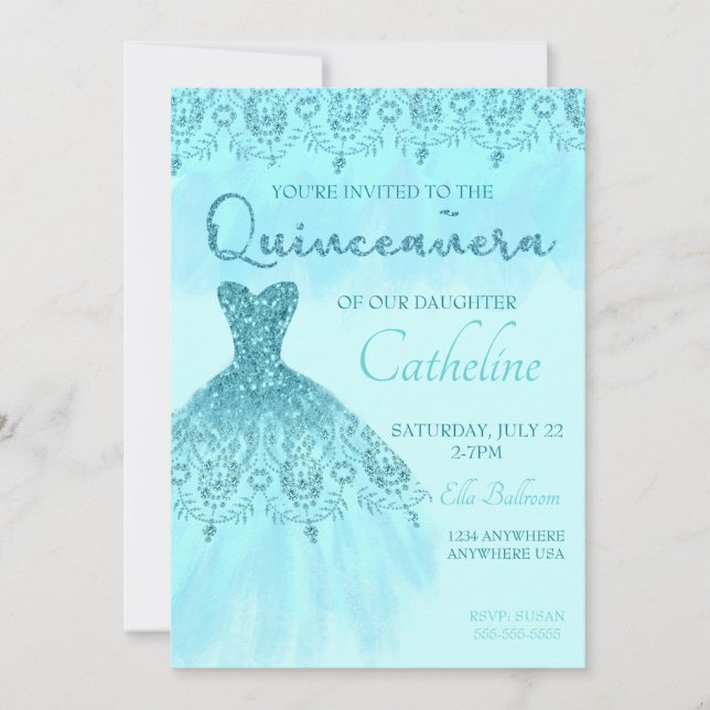 Convites Quinceanera Invitation Teal Glitter, 15 (Frente)