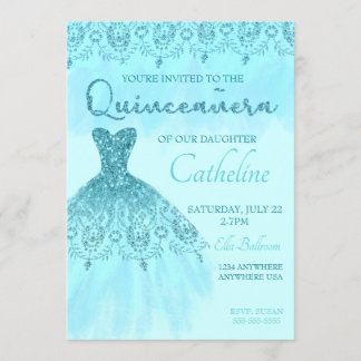 Convites Quinceanera Invitation Teal Glitter, 15