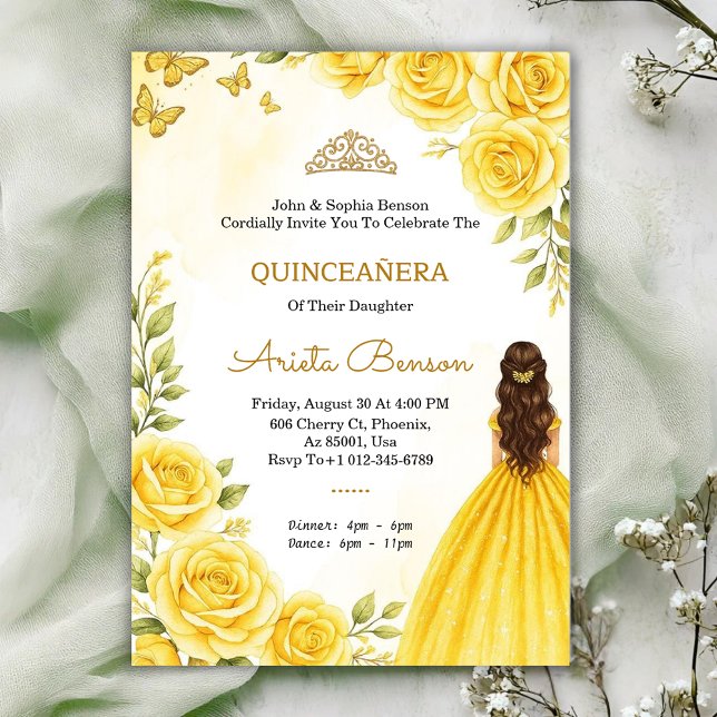 Convites Quinceañera invitation with elegant yellow roses  (Criador carregado)