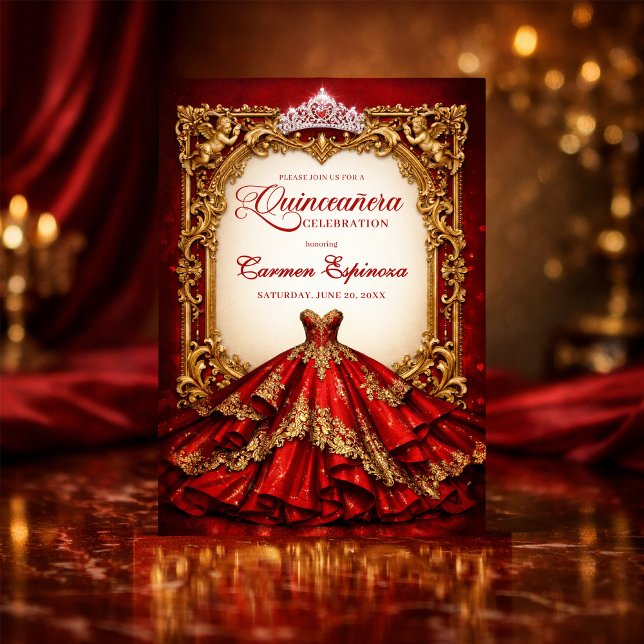 Convites Quinceañera Invitations Red & Gold Royal Ball Gown (Criador carregado)