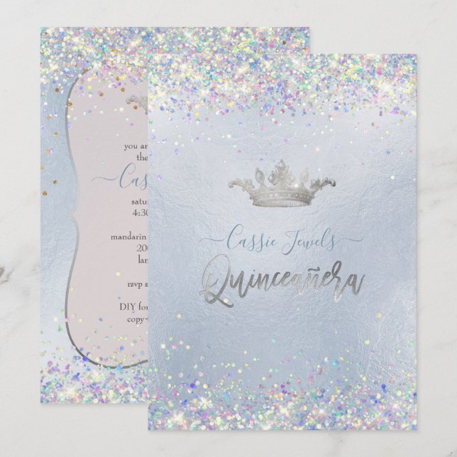Convites Quinceanera Iridescent Confetti+Princess Crown (Frente/Verso)