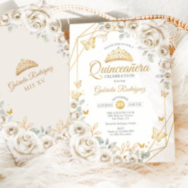Convites Quinceanera Ivory Dourada Cream Floral