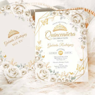 Convites Quinceanera Ivory Dourada Cream Floral