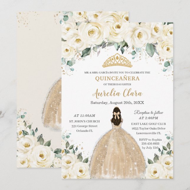 Convites Quinceañera Ivory Floral Champagne Princesa (Frente/Verso)
