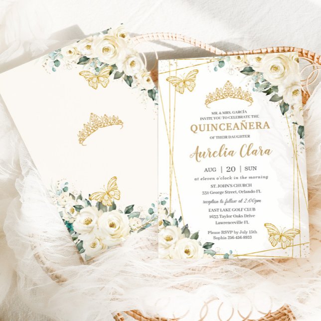 Convites Quinceañera Ivory White Butterflies Crown (Criador carregado)