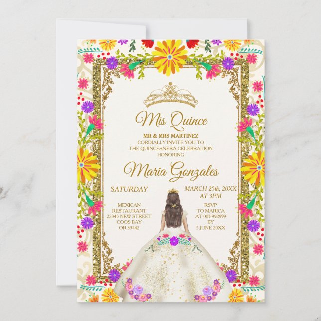 Convites Quinceanera Ivory White Colorful Flowday (Frente)