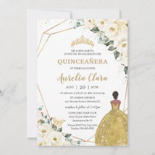 Convites Quinceañera Ivory White Floral Dourado Princesa Ca