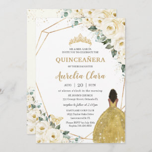Convites Quinceañera Ivory White Floral Dourado Princesa Ca