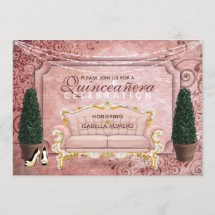 Convites Quinceañera, Jardim Tópico Dourado Rosa Rosa Rosa