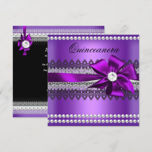 Convites Quinceanera Laço Roxo Pérola Preta Renda Diamante
