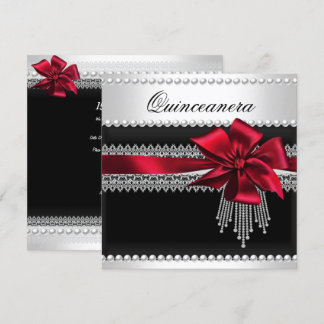 Convites Quinceanera Laço Vermelho Pérola Preta Renda Diama