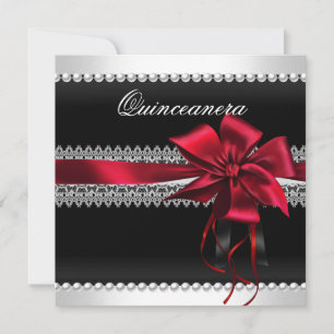 Convites Quinceanera Laço Vermelho Pérola Preta Renda Diama