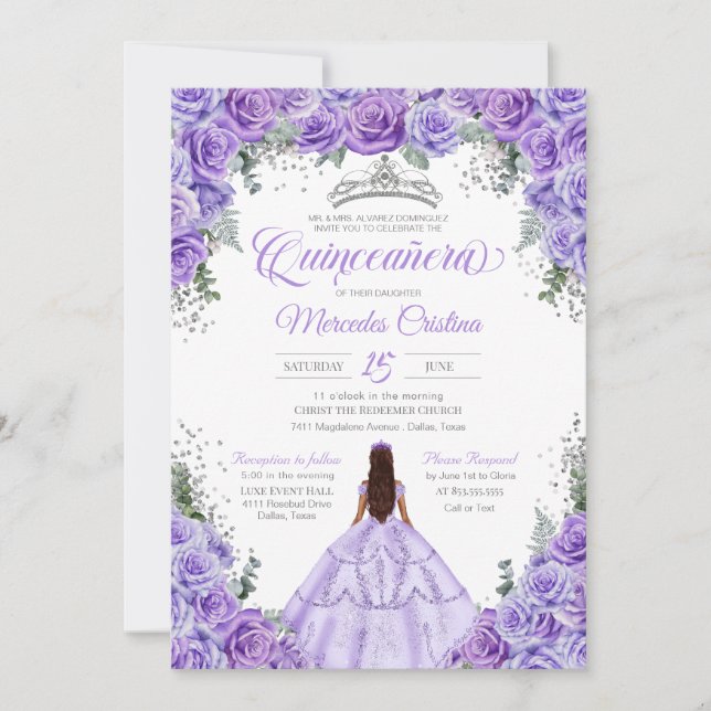 Convites Quinceanera Lavanda de Prata Roxo-Claro (Frente)