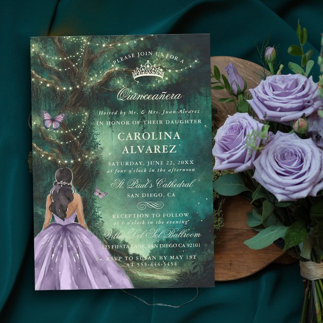 Convites Quinceanera, Lavanda Verde de Árvore Encantada (enchanted forest quinceanera invitation emerald green lavender pink formal elegant quince)