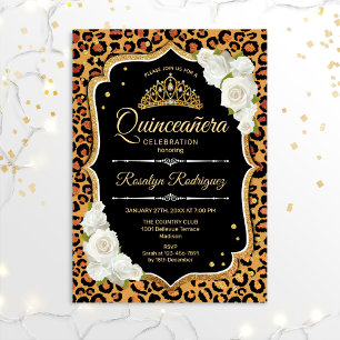 Convites Quinceanera - Leopardo Imprime Branco Dourado