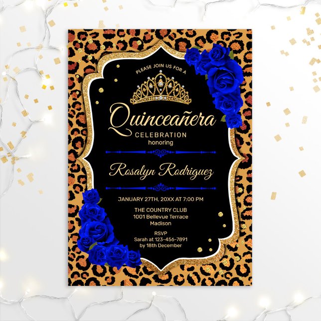 Convites Quinceanera - Leopardo Imprime Dourado Blue (Criador carregado)