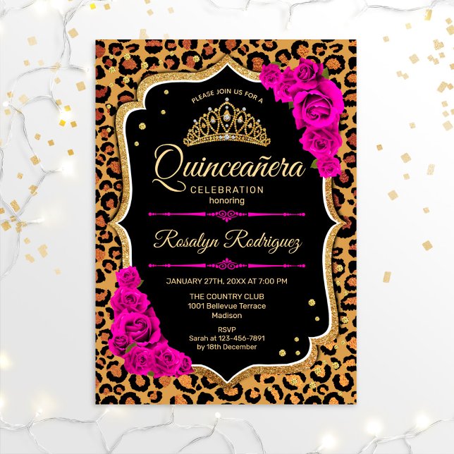 Convites Quinceanera - Leopardo Imprime Dourado Rosa Vermel (Criador carregado)