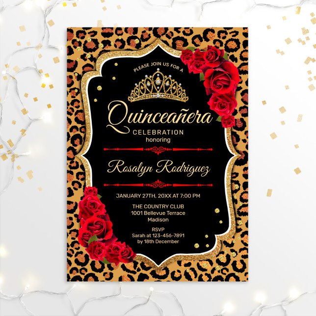 Convites Quinceanera - Leopardo Imprime Dourado Vermelho (Criador carregado)