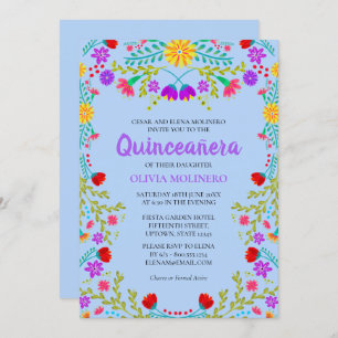Convites Quinceanera Light Blue Mexicano Flores Aniversário