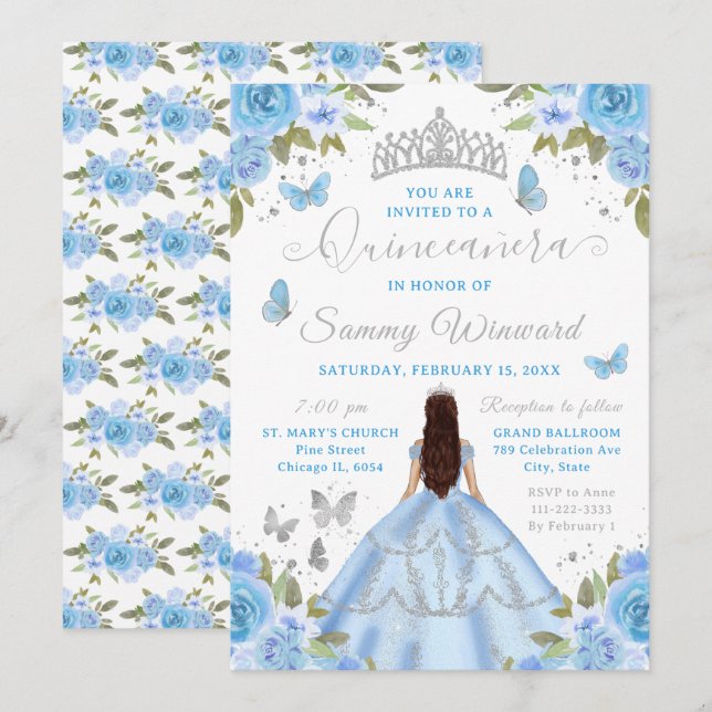 Convites Quinceañera Light Blue Princess Brunette Girl (Frente/Verso)