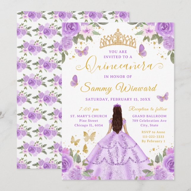 Convites Quinceañera Light Purple Princess Brunette Girl (Frente/Verso)