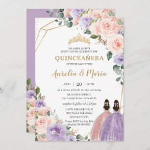 Convites Quinceañera Lilac Blush Gêmeos Rosa Dourados
