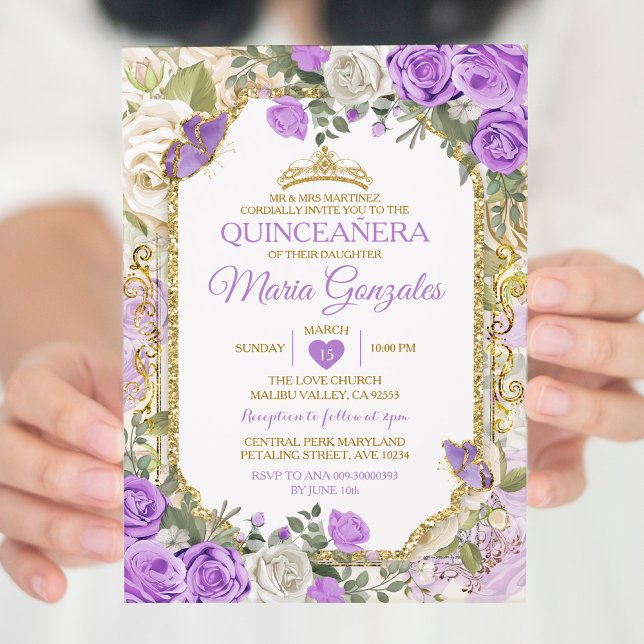 Convites Quinceañera Lilac e Dourada Coroa Mexicana (Criador carregado)