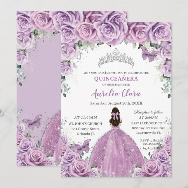Convites Quinceañera Lilac Flores Roxas Borboletas Coroa (Frente/Verso)
