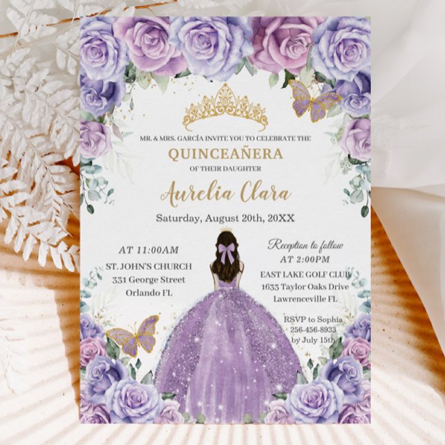 Convites Quinceañera Lilac Purple Borboletas Douradas Flora (Criador carregado)