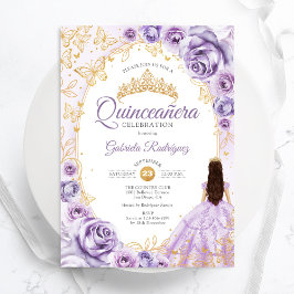 Convites Quinceanera Lilac Purple Dourada Floral