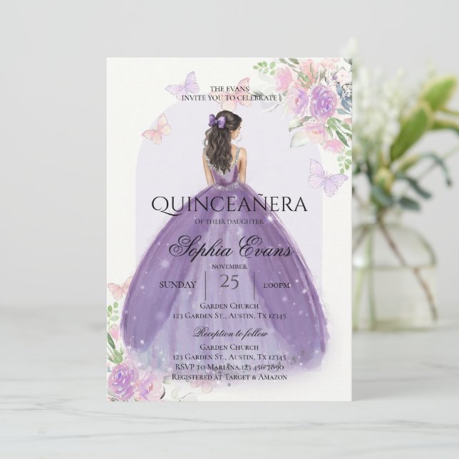Convites Quinceanera Lilac Purple Dress Floral Princesa (Em pé/Frente)