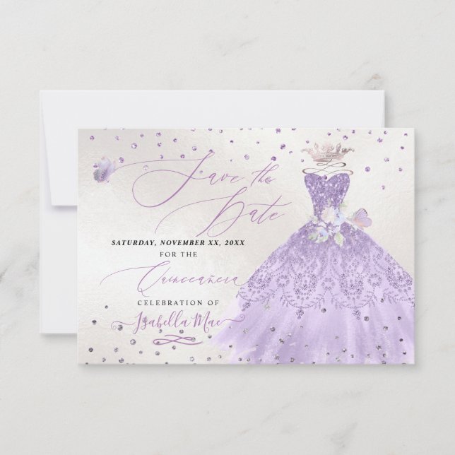 Convites Quinceanera Lilac Purple Glitter Data de Salvação (Frente)