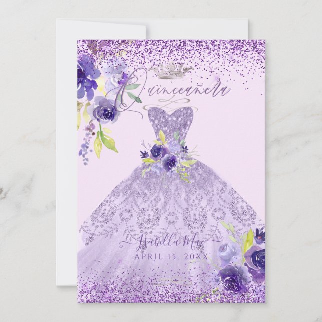 Convites Quinceanera Lilac Purple Silver Glitter Invit (Frente)