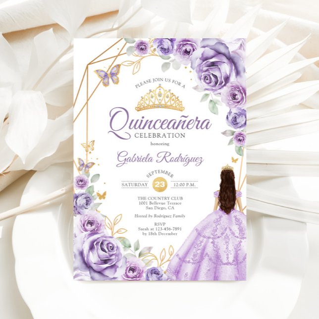 Convites Quinceanera Lilac Púrpura Vestido Floral (Criador carregado)