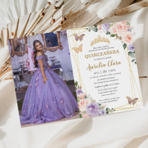Convites Quinceañera Lilás Roxo Flores Borboletas