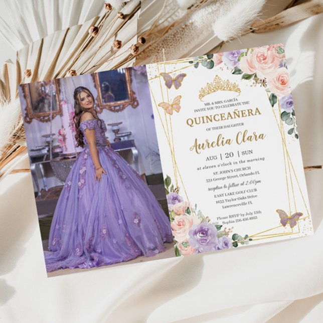 Convites Quinceañera Lilás Roxo Flores Borboletas (Criador carregado)