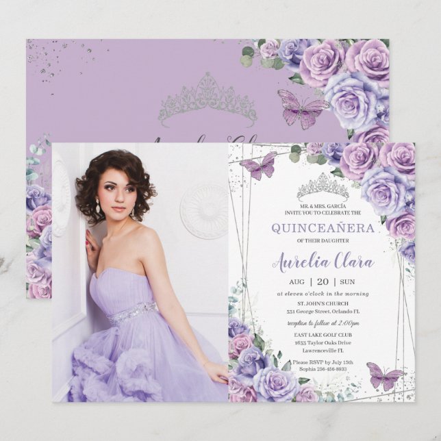 Convites Quinceañera Lilás Roxo Flores Borboletas Prata (Frente/Verso)
