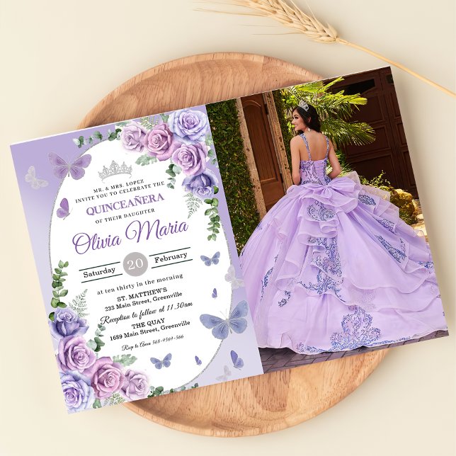 Convites Quinceañera Lilás Roxo Tiaro Floral Borboletas (Criador carregado)